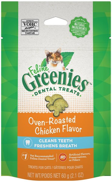Greenies Feline Oven Roasted Chicken Flavor Adult Dental Cat Treats, 2.1-oz bag, bundle of 2 slide 1 of 9