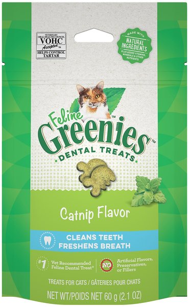 Greenies Feline Catnip Flavor Adult Dental Cat Treats, 2.1-oz bag, bundle of 2 slide 1 of 8