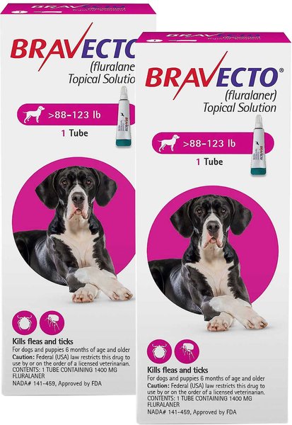BRAVECTO Topical Solution for Dogs, 88-123 lbs, (Pink Box), 2 Doses  (24-wks. supply) 