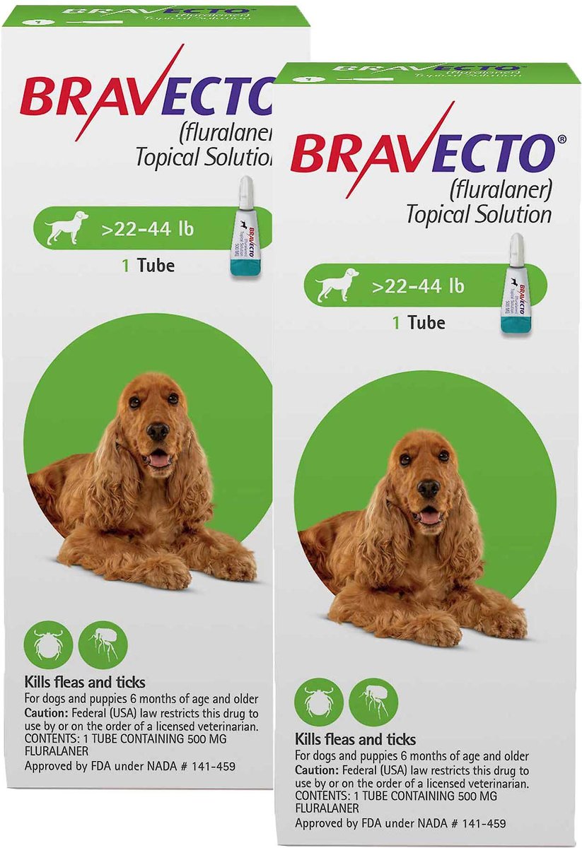 BRAVECTO Topical Solution for Dogs, 22-44 lbs, (Green Box), 2 Doses  (24-wks. supply) 