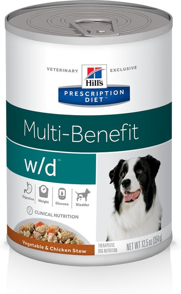 Hill's Prescription Diet w/d Multi-Benefit Vegetable & Chicken Stew Wet Dog Food, 12.5-oz, case of 12, bundle of 2 slide 1 of 11