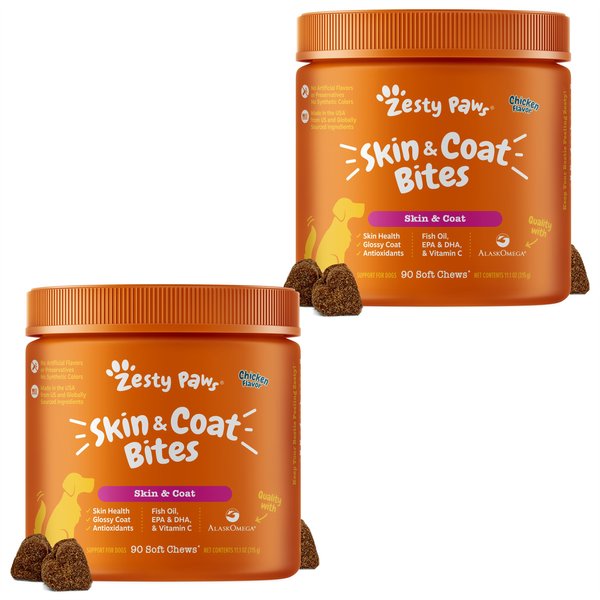 Zesty Paws Omega Bites for Dogs, With AlaskOmega Fish Oil for EPA & DHA,  Chicken Flavor, 90 Soft Chews 