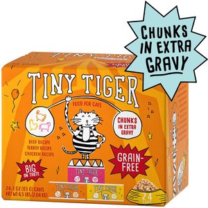 Tiny Tiger Chunks in EXTRA Gravy Beef & Poultry Recipes Variety Pack Grain-Free Canned Cat Food, 3-oz, case of 48