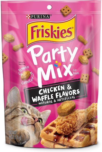 Friskies Party Mix Chicken & Waffles Flavors Crunchy Cat Treats, 6-oz bag, pack of 2 slide 1 of 11