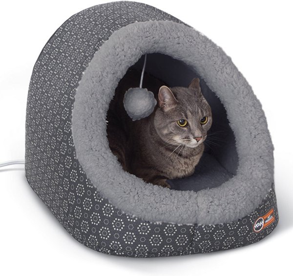 K&H Pet Products Thermo-Pet Cave Cat Bed, Heated, Gray/Geo Flower  slide 1 of 10