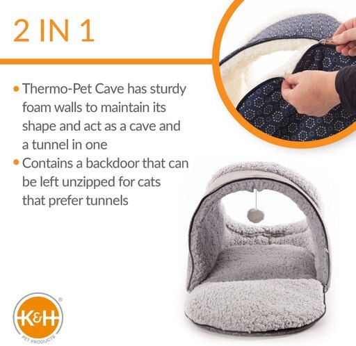 K&H Pet Products Thermo-Pet Cave Covered Indoor Heated Cat Bed & Tunnel, Gray