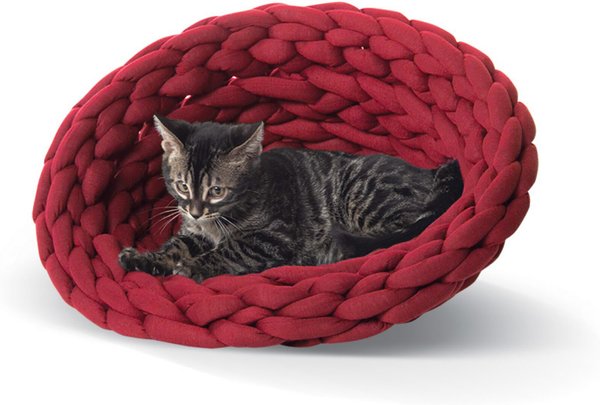 K&H PET PRODUCTS Cozy Knitted Woven Cute Cat & Kitten Bed, Red - Chewy.com