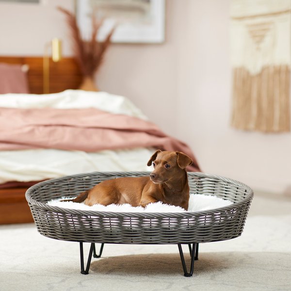 Frisco Elevated Rectangle Wicker Dog & Cat Bed with Eyelash Faux Fur Cushion, Medium slide 1 of 6