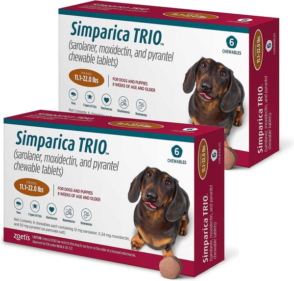 Simparica Trio Chewable Tablet for Dogs, 11.1-22.0 lbs, (Caramel Box), 12 Chewable Tablets (12-mos. supply) slide 1 of 5