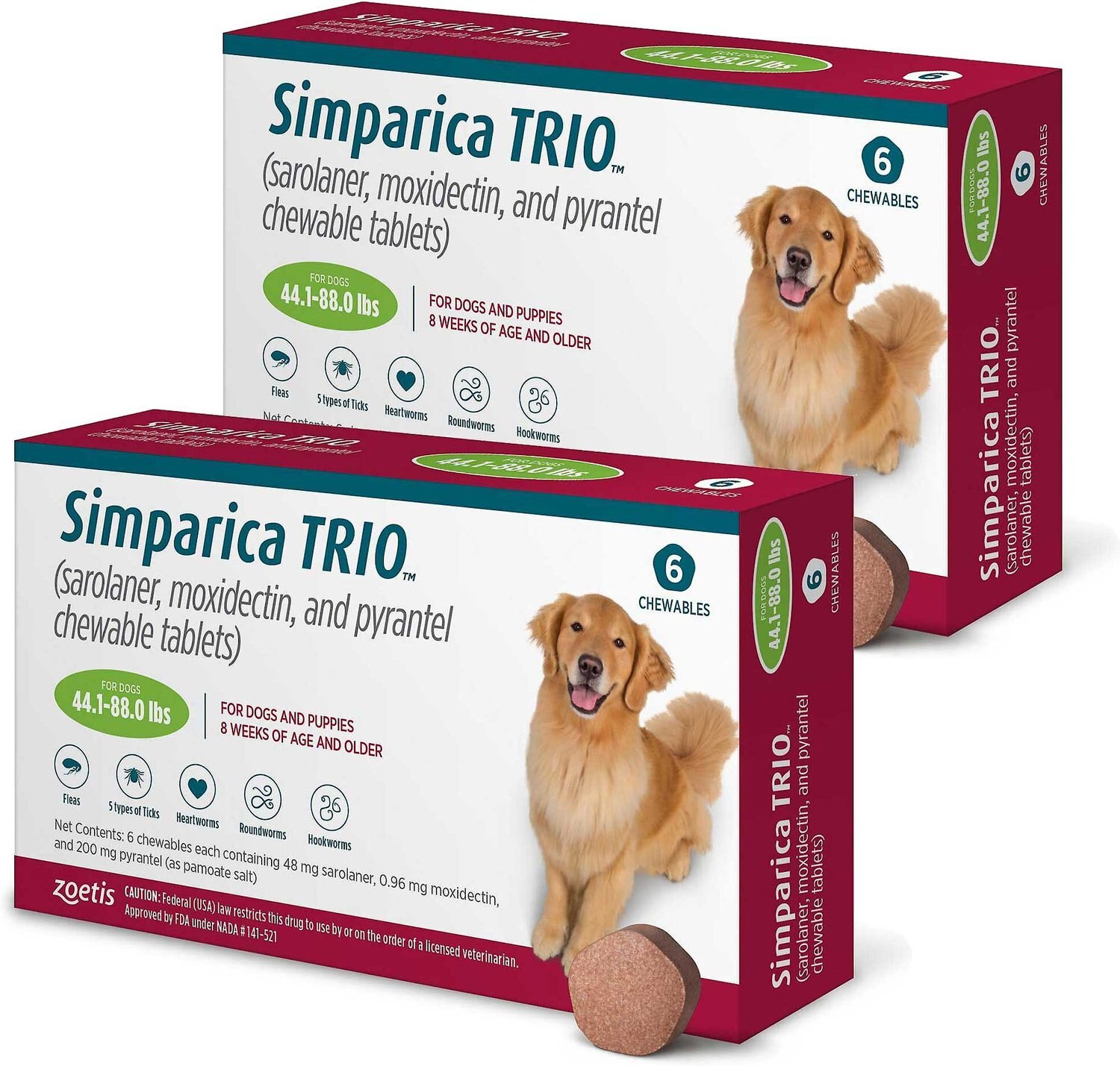 SIMPARICA TRIO Chewable Tablet For Dogs 44 1 88 Lbs Green Box 12 