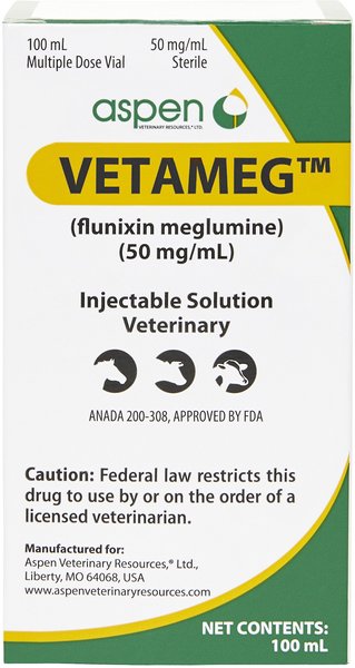 Vetameg (flunixin meglumine) Injectable for Horses & Livestock, 50mg/mL, 100-mL vial, bundle of 2 slide 1 of 7