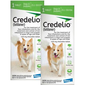 Credelio Chewable Tablet for Dogs, 25.1-50 lbs, (Green Box), 2 Chewable Tablets (2-mos. supply)