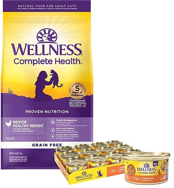 Wellness Complete Health Pate Chicken Entree Grain-Free Canned Cat Food, 3-oz, case of 24 + Wellness Complete Health Grain-Free Indoor Healthy Weight Chicken Recipe Dry Cat Food, 11.5-lb bag slide 1 of 8