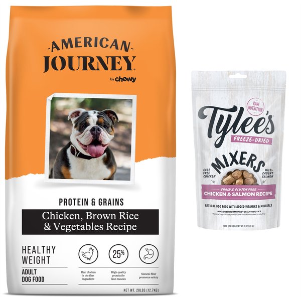 American Journey Protein & Grains Healthy Weight Chicken, Brown Rice & Vegetables Recipe Dry Dog Food, 28-lb bag + Tylee's Freeze-Dried Mixers for Dogs, Chicken & Salmon  Recipe, 18oz slide 1 of 9