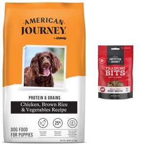 American Journey Active Life Formula Puppy Chicken, Brown Rice & Vegetables Recipe Dog Food, 28-lb bag + American Journey Beef Recipe Grain-Free Soft & Chewy Training Bits Dog Treats, 4-oz bag