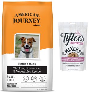 American Journey Protein & Grains Small Breed Chicken, Brown Rice & Vegetables Recipe Adult Dry Dog Food, 14-lb bag + Tylee's Freeze-Dried Mixers for Dogs, Chicken & Salmon  Recipe, 18oz