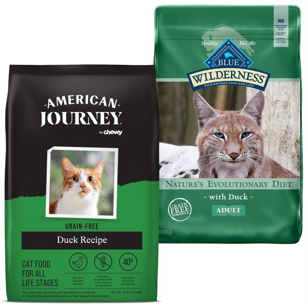 American Journey Duck Recipe Grain-Free Dry Cat Food, 12-lb bag + Blue Buffalo Wilderness Duck Recipe Grain-Free Dry Cat Food, 11-lb bag slide 1 of 9