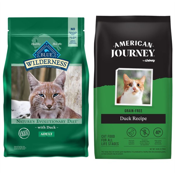 American Journey Duck Recipe Grain-Free Dry Cat Food, 5-lb bag + Blue Buffalo Wilderness Duck Recipe Grain-Free Dry Cat Food, 5-lb bag slide 1 of 7