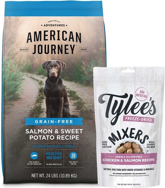 American Journey Healthy Weight Salmon & Sweet Potato Recipe Grain-Free Dry Dog Food, 24-lb bag + Tylee's Freeze-Dried Mixers for Dogs, Chicken & Salmon  Recipe, 18oz slide 1 of 8
