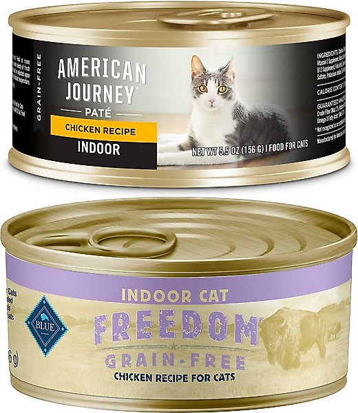American Journey Indoor Pate Chicken Recipe Grain-Free Canned Cat Food, 5.5-oz, case of 24 + Blue Buffalo Freedom Indoor Adult Chicken Recipe Grain-Free Canned Cat Food, 5.5-oz, case of 24 slide 1 of 8