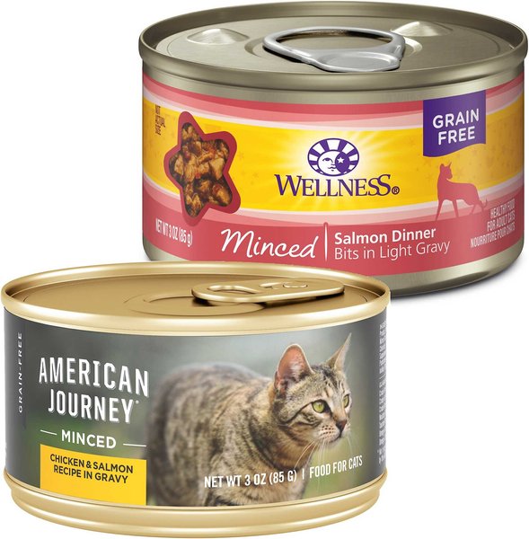 American Journey Minced Chicken & Salmon Recipe in Gravy Grain-Free Canned Cat Food, 3-oz, case of 24 + Wellness Complete Health Natural Minced Salmon Dinner Grain-Free Canned Cat Food, 3-oz, case of 24 slide 1 of 6