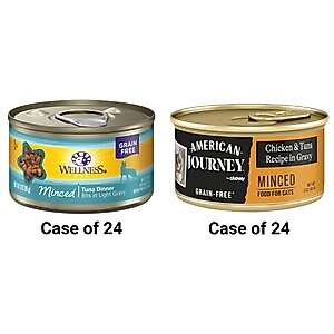 American Journey Minced Chicken & Tuna Recipe in Gravy Grain-Free Canned Cat Food, 3-oz, case of 24 + Wellness Minced Tuna Dinner Grain-Free Canned Cat Food, 3-oz, case of 24