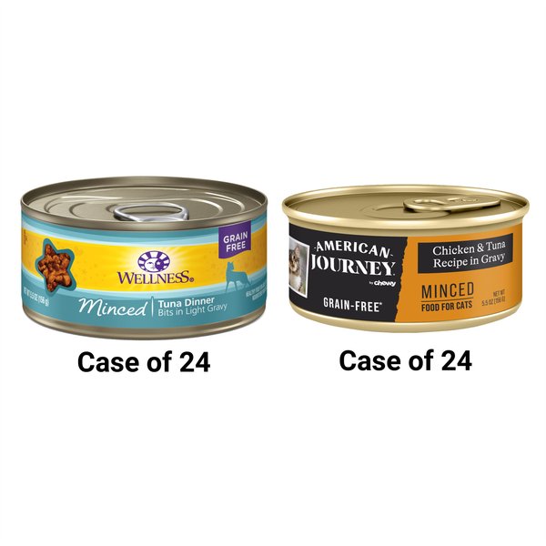 American Journey Minced Chicken & Tuna Recipe in Gravy Grain-Free Canned Cat Food, 5.5-oz, case of 24 + Wellness Minced Tuna Dinner Grain-Free Canned Cat Food, 5.5-oz, case of 24 slide 1 of 6