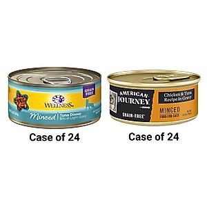 American Journey Minced Chicken & Tuna Recipe in Gravy Grain-Free Canned Cat Food, 5.5-oz, case of 24 + Wellness Minced Tuna Dinner Grain-Free Canned Cat Food, 5.5-oz, case of 24