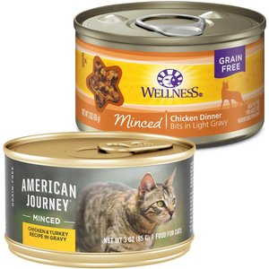 American Journey Minced Chicken & Turkey Recipe in Gravy Grain-Free Canned Cat Food, 3-oz, case of 24 + Wellness Minced Chicken Dinner Grain-Free Canned Cat Food, 3-oz, case of 24