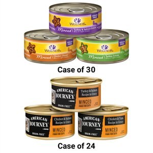 American Journey Minced Poultry & Seafood in Gravy Variety Pack Grain-Free Canned Cat Food, 3-oz, case of 24 + Wellness Complete Health Minced Poultry Pleasers Variety Pack Grain-Free Canned Cat Food, 5.5-oz, case of 30