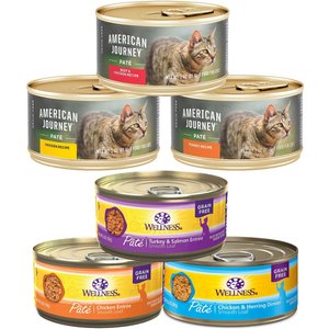 American Journey Pate Poultry & Beef Variety Pack Grain-Free Canned Cat Food, 3-oz, case of 24 + Wellness Complete Health Poultry Lovers Pate Variety Pack Grain-Free Canned Cat Food, 5.5-oz, case of 30