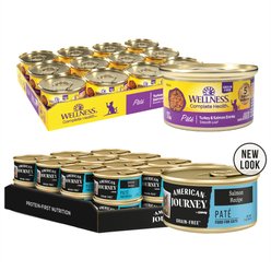 American Journey Pate Salmon Recipe Grain-Free Canned Cat Food, 3-oz, case of 24 + Wellness Complete Health Turkey & Salmon Formula Grain-Free Canned Cat Food, 3-oz, case of 24