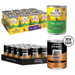 American Journey Pate Turkey Recipe Grain-Free Canned Cat Food, 12.5-oz, case of 12 + Wellness Complete Health Turkey Formula Grain-Free Canned Cat Food, 12.5-oz, case of 12