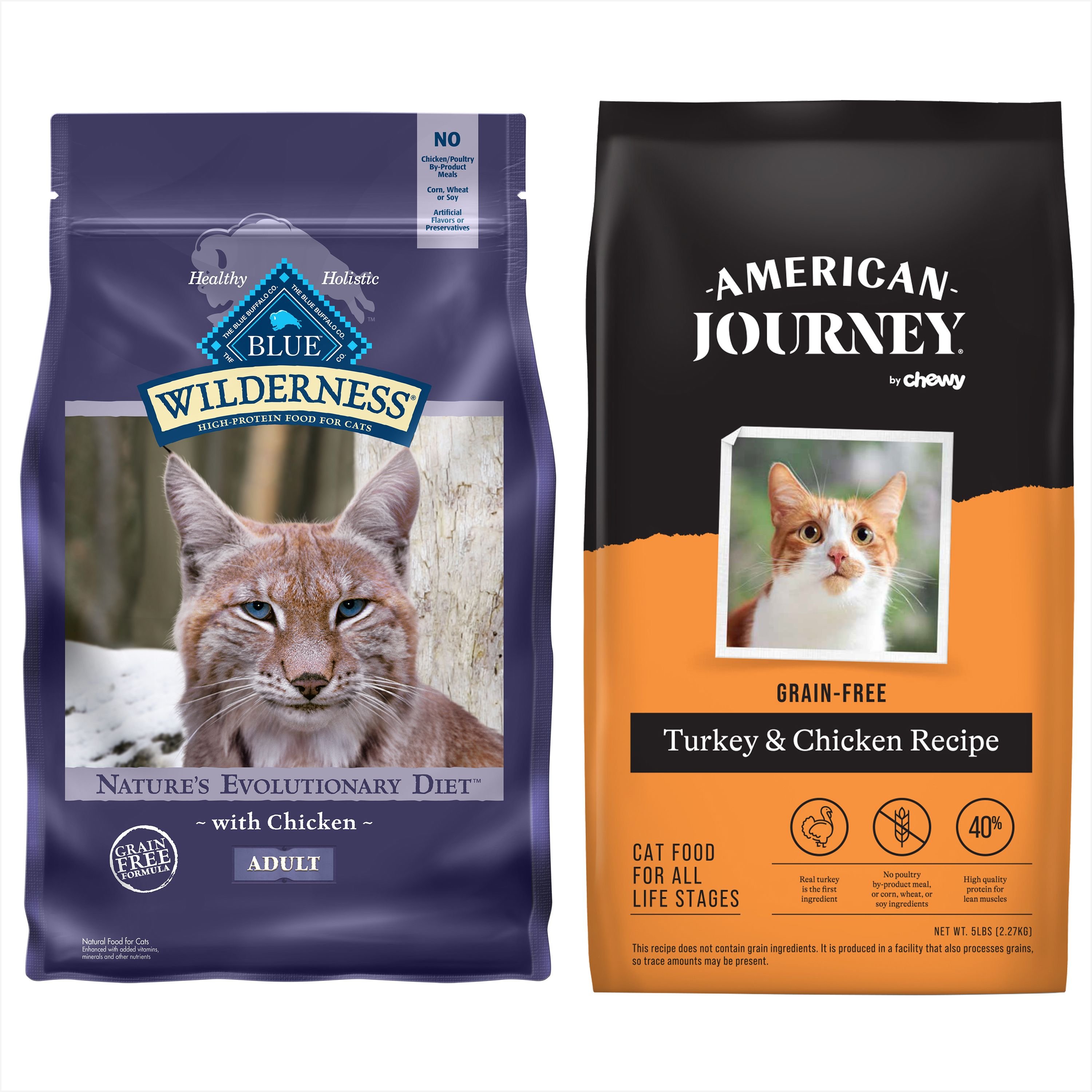 Product Reviews for American Journey Turkey & Chicken Recipe Grain-Free Dry Cat  Food (NEW LOOK AVAILABLE) & Blue Buffalo Wilderness Natures Evolutionary  Diet Chicken High-Protein Grain-Free Adult Dry Cat Food