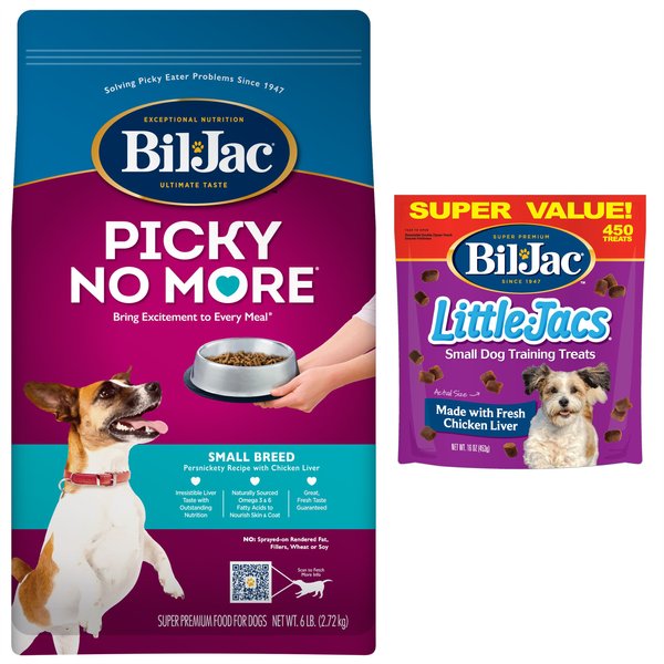 Bil-Jac Picky No More Small Breed Chicken Liver Recipe Dry Dog Food, 6-lb bag + Bil-Jac Little-Jacs Small Dog Chicken Liver Training Dog Treats, 16-oz bag slide 1 of 9