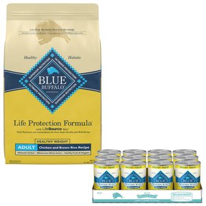 Blue Buffalo Life Protection Formula Healthy Weight Adult Chicken & Brown Rice Recipe Dry Dog Food, 15-lb bag + Blue Buffalo Homestyle Recipe Healthy Weight Chicken Dinner with Garden Vegetables & Brown Rice Canned Dog Food, 12.5-oz, case of 12