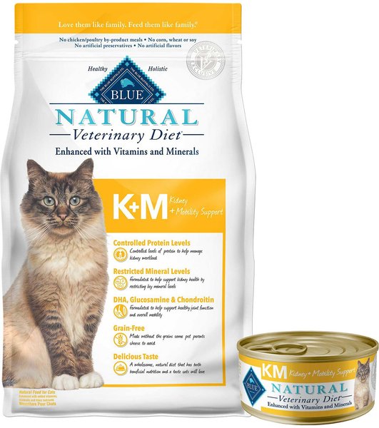 Blue Buffalo Natural Veterinary Diet K+M Kidney + Mobility Support Grain-Free Dry Cat Food, 7-lb bag + Blue Buffalo Natural Veterinary Diet K+M Kidney + Mobility Support Grain-Free Canned Cat Food, 5.5-oz, case of 24 slide 1 of 6