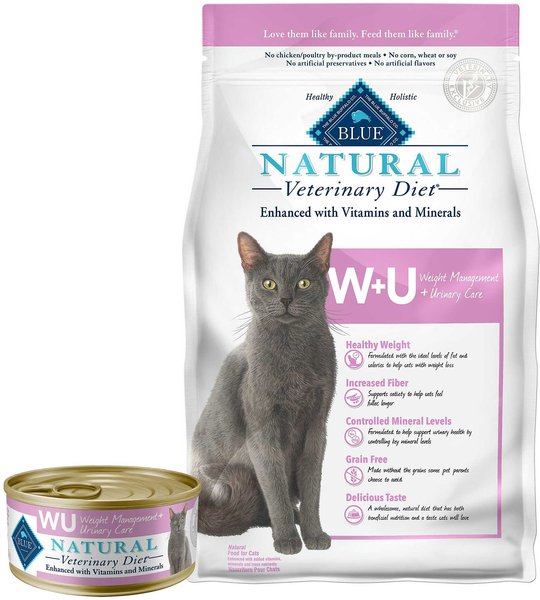 Blue Buffalo Natural Veterinary Diet W+U Weight Management + Urinary Care Grain-Free Canned Cat Food, 5.5-oz, case of 24 + Blue Buffalo Natural Veterinary Diet W+U Weight Management + Urinary Care Grain-Free Dry Cat Food, 6.5-lb bag slide 1 of 5