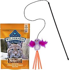 Blue Buffalo Wilderness Chicken & Turkey Grain-Free Cat Treats, 2-oz bag + Frisco Bird Teaser with Feathers Cat Toy, Purple
