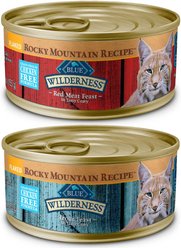 Blue Buffalo Wilderness Rocky Mountain Recipe Flaked Red Meat Feast Adult Grain-Free Canned Cat Food, 5.5-oz, case of 24 + Blue Buffalo Wilderness Rocky Mountain Recipe Flaked Trout Feast Adult Grain-Free Canned Cat Food, 5.5-oz, case of 24