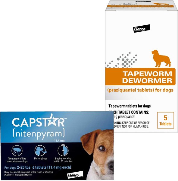 Capstar Flea Oral Treatment for Dogs, 2-25 lbs, 6 Tablets + Elanco Tapeworm Dog De-Wormer, 5 count slide 1 of 9