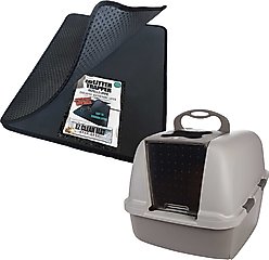 iPrimio Cat Litter Trapper EZ Clean Mat, Black, Large + Catit Jumbo Hooded Cat Pan, Grey