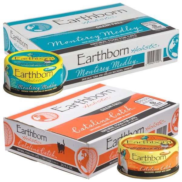 Earthborn Holistic Monterey Medley Grain-Free Natural Canned Cat & Kitten Food, 5.5-oz, case of 24 + Earthborn Holistic Catalina Catch Grain-Free Natural Canned Cat & Kitten Food, 5.5-oz, case of 24 slide 1 of 7