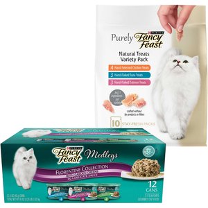 Fancy Feast Medleys Florentine Collection Pack Canned Cat Food, 3-oz, case of 12 + Fancy Feast Purely Natural Treats Variety Pack Cat Treats, 1.06-oz pouch