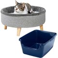 Frisco Modern Round Elevated Cat Bed + Frisco High Sided Cat Litter Box, Navy, Extra Large 24-in