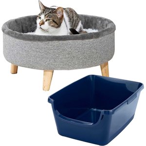 Frisco Modern Round Elevated Cat Bed + Frisco High Sided Cat Litter Box, Navy, Extra Large 24-in