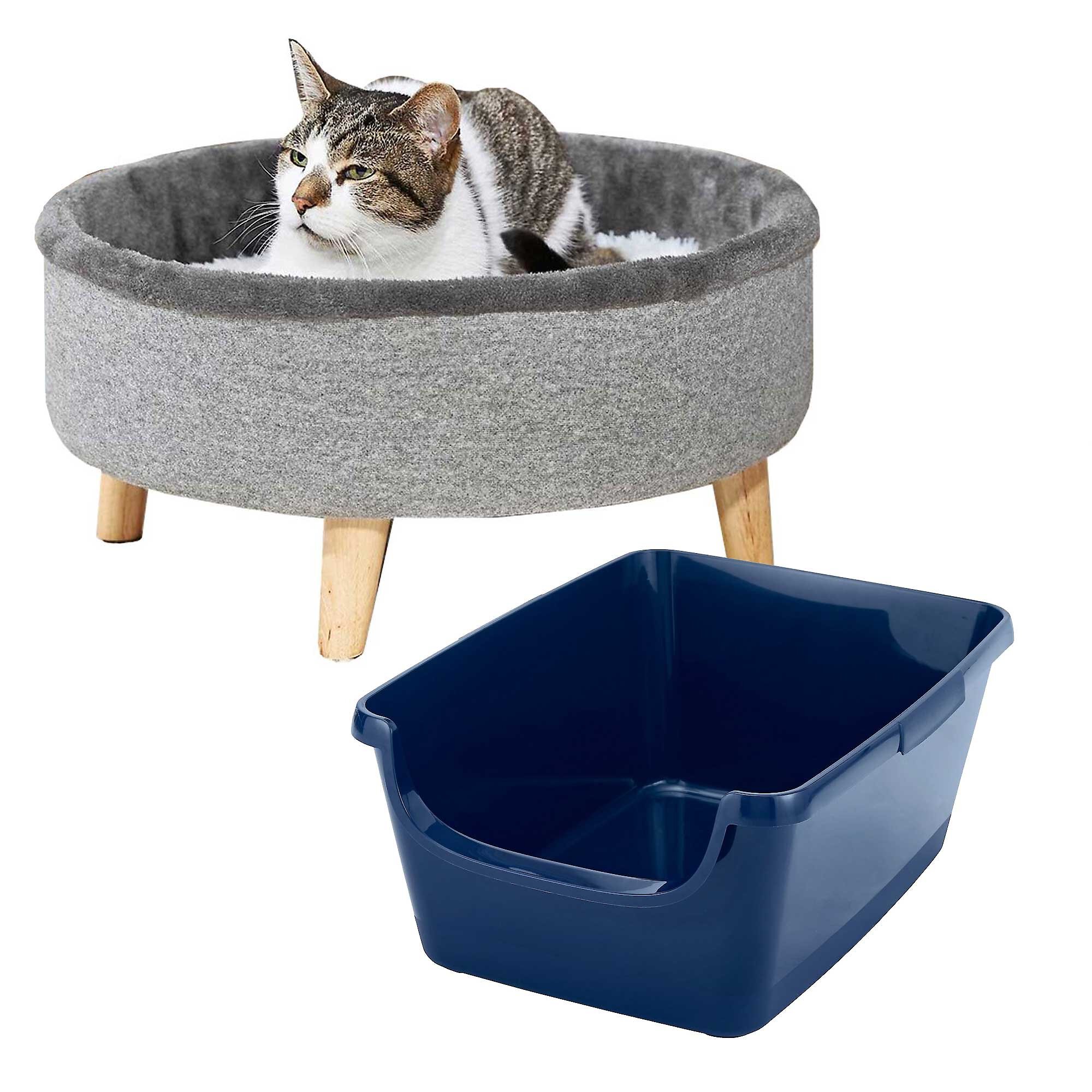 FRISCO Modern Round Elevated Cat Bed & Frisco High Sided Cat Litter Box ...