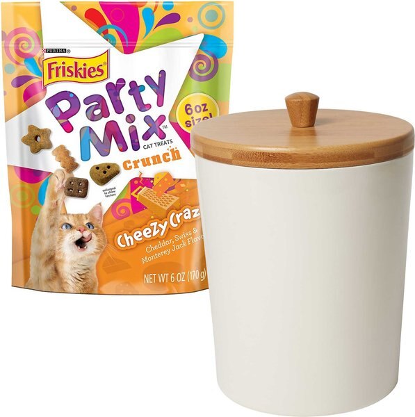 Friskies Party Mix Crunch Cheezy Craze Cat Treats, 6-oz bag + Frisco Melamine Dog & Cat Treat Jar with Bamboo Lid, 8 Cups slide 1 of 7