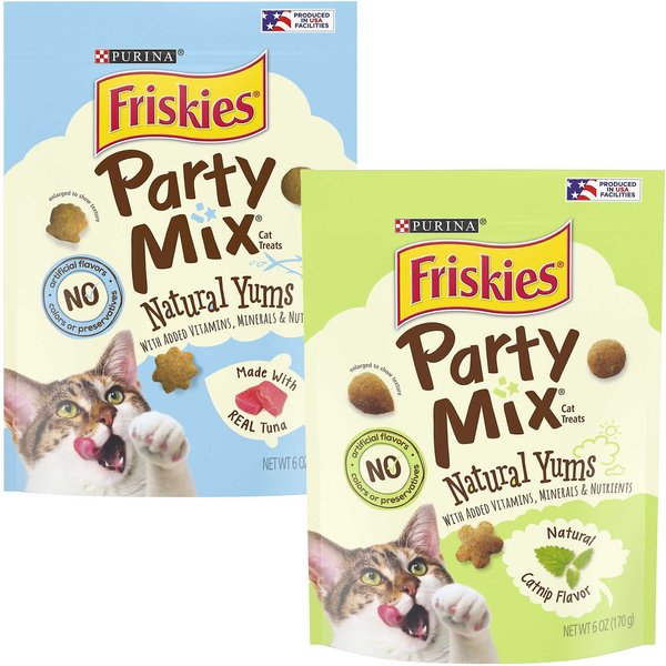 Friskies Party Mix Natural Yums Catnip Flavor Cat Treats, 6-oz bag + Friskies Party Mix Natural Yums with Real Tuna Cat Treats, 6-oz bag slide 1 of 7
