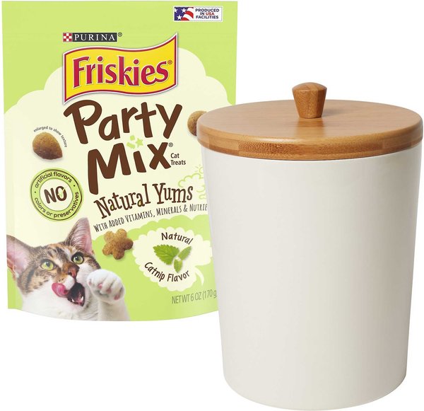 Friskies Party Mix Natural Yums Catnip Flavor Cat Treats, 6-oz bag + Frisco Melamine Dog & Cat Treat Jar with Bamboo Lid, 8 Cups slide 1 of 7